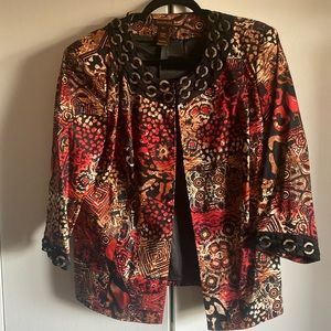 jacket,beaded neckline and sleeve trim;browns,red black pattern. Like new!
